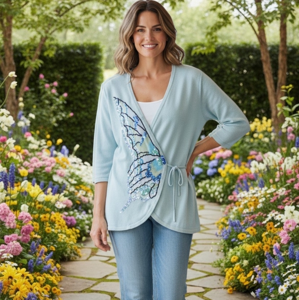 Storybook Knits Butterfly Sweater, M,  Beads And Sequins, Mint, UPDATED